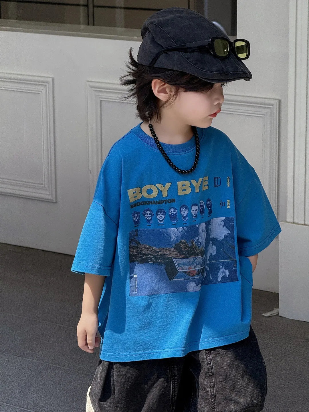 Children T-shirt Summer Boys Fashion Handsome Print Blue Crewneck Short Sleeve Loose Fit Version Tops Kid Clothes Tees A52020