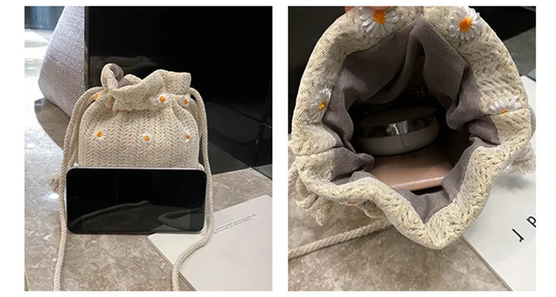 Straw Weave Bucket Bags Rattan Women Summer Beach Shoulder Bags Handbags Totes Casual Handbags Retro Mini Shoulder Messenger Bag