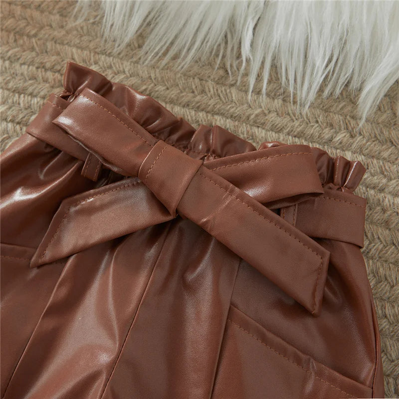 Listenwind 2-7Y Kids Children Girls Clothes Set Vest Tops Pu Leather Bow Shorts Summer Outfits
