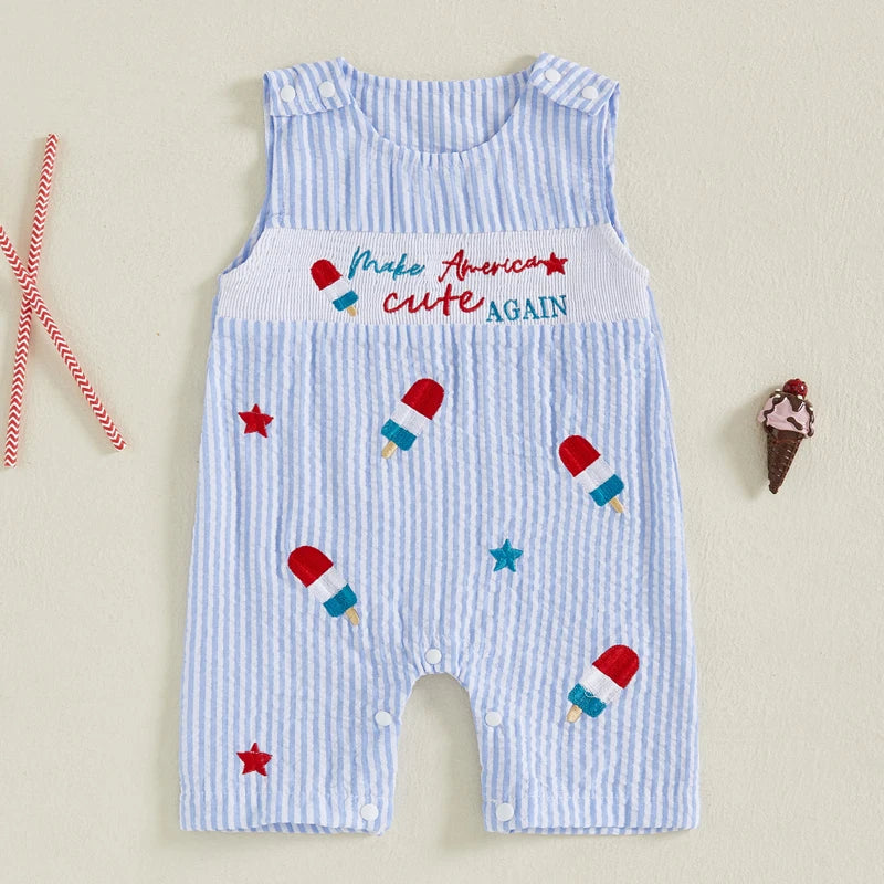 Toddler Girls 4th of July Romper Sleeveless Round Neck Popsicle Print Striped Jumpsuit with Embroidered Letters