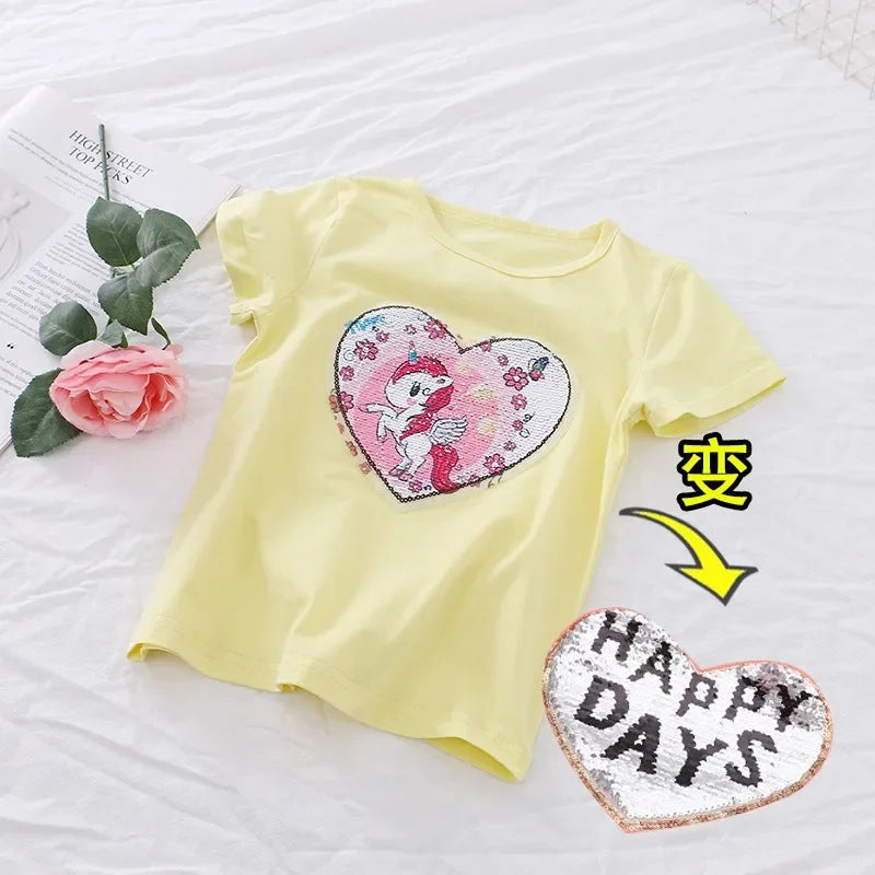 2025 New Unicorn Kids T-shirt Short sleeves Children Cotton Summer Baby Girls Tee Party Princess Girl Clothes Costumes 3-8Y