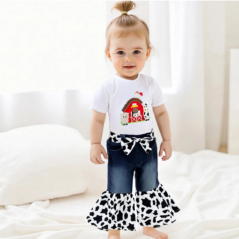 Adorable Baby Girl Farm Clothes Set with Cute Piglet Embroidery Top Denim Patchwork Pants and Matching Headband - 3 Piece