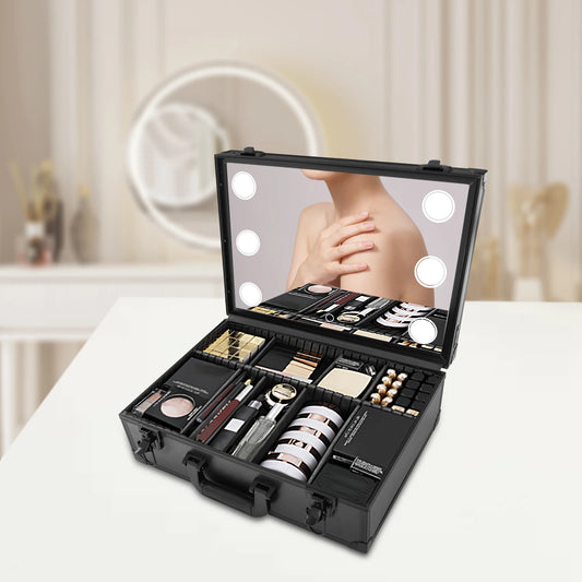Travel Makeup Train Case Cosmetic Bag Makeup Bag Mirror LED Light Black