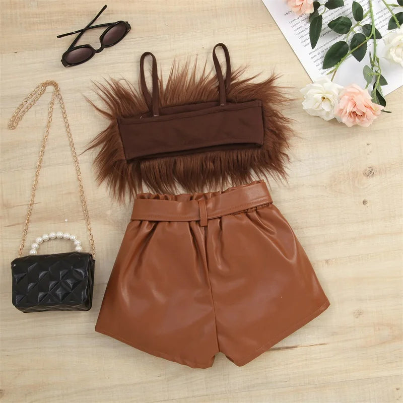 Listenwind 2-7Y Kids Children Girls Clothes Set Vest Tops Pu Leather Bow Shorts Summer Outfits