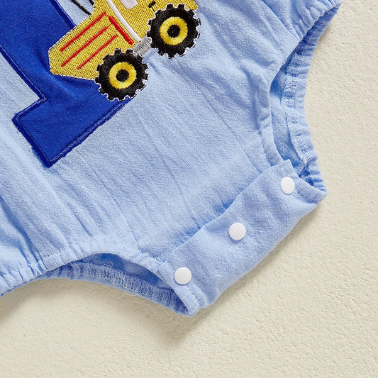 Infant 1st Birthday Denim Jumpsuit with Number Embroidery and Sleeveless Design Square Neck Baby Romper Bodysuit