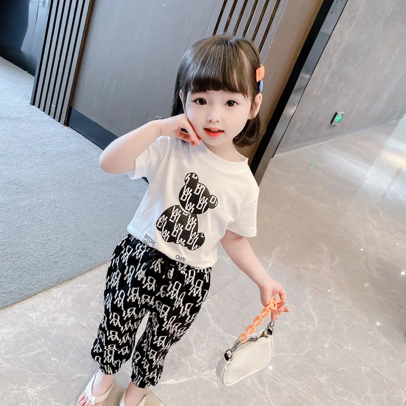 Kids Girls Clothing Sets Mother Kids Clothes Summer Children Clothings Cotton Toddlers Girl Short Sleeve Pants 2pcs Clothes Suit