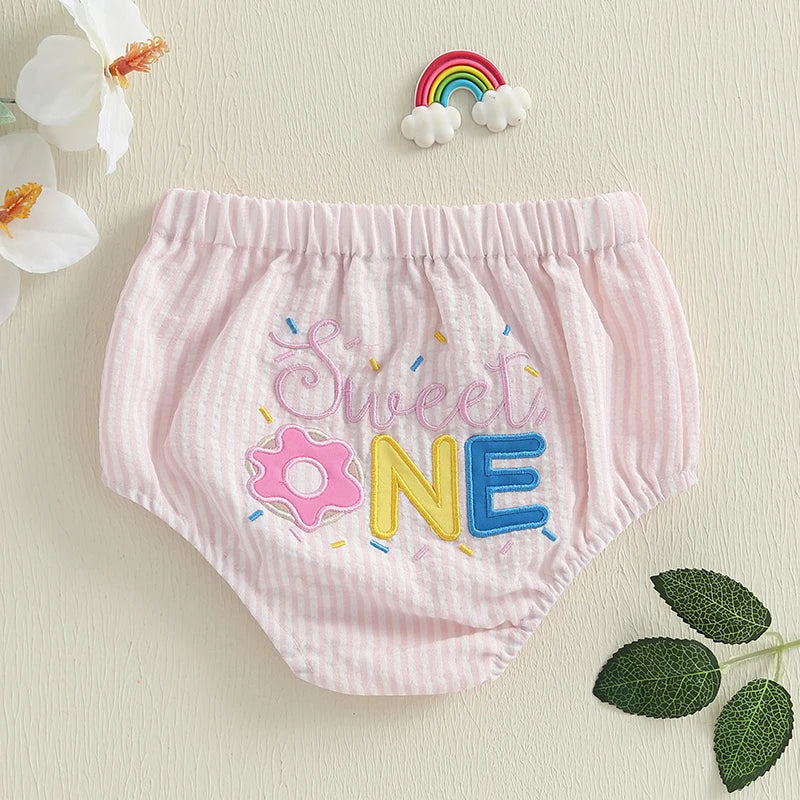 Infant Baby Girls Shorts Elastic Waist Striped Embroidery Letters Summer Shorts Bottoms for Birthday