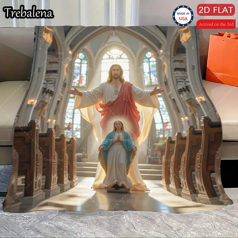 Flannel Blanket-Soft Lightweight All-season Jesus and Mary Church Scene Baby Blanket Soft Cozy for Kids Bedding
