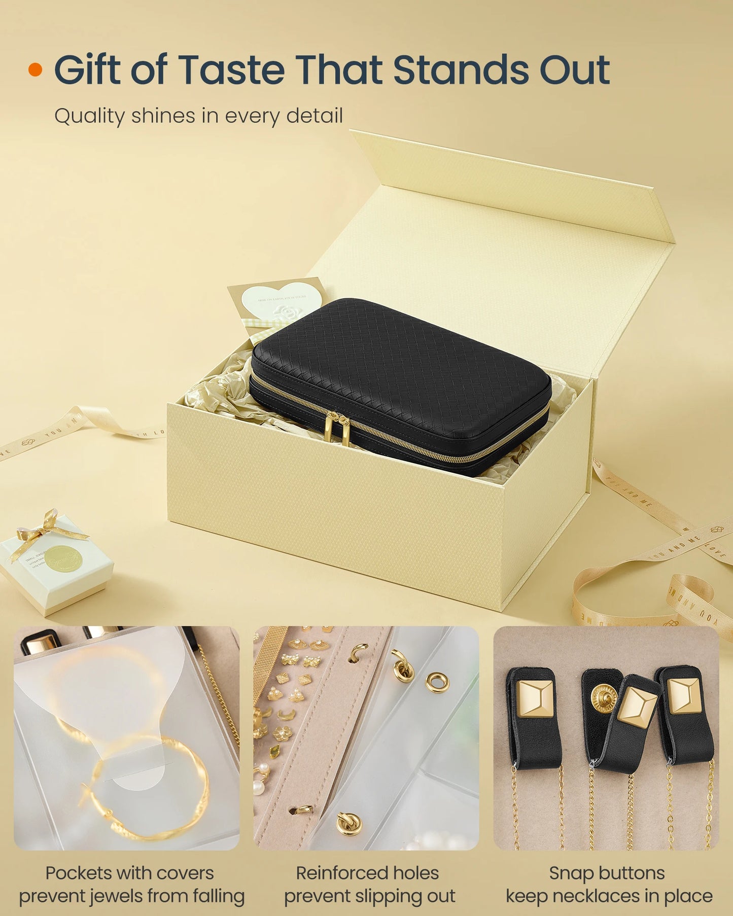 SONGMICS HOME Travel Jewelry Case, Jewelry Organizer Box with Mirror, Jewelry Pouch, Woven Embossed PU Leather, Hard Shell