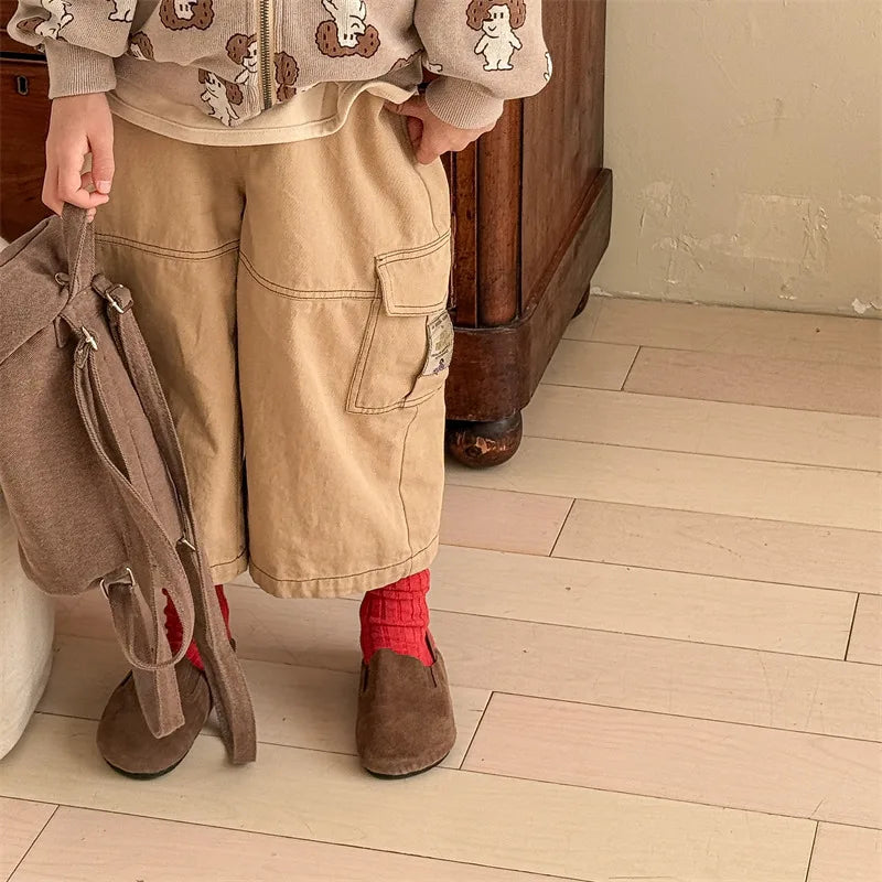 2025 Spring New Children Cargo Pants Cotton Boys Casual Pants Solid Versatile Baby Girls Loose Trousers Kids Wide Leg Pants