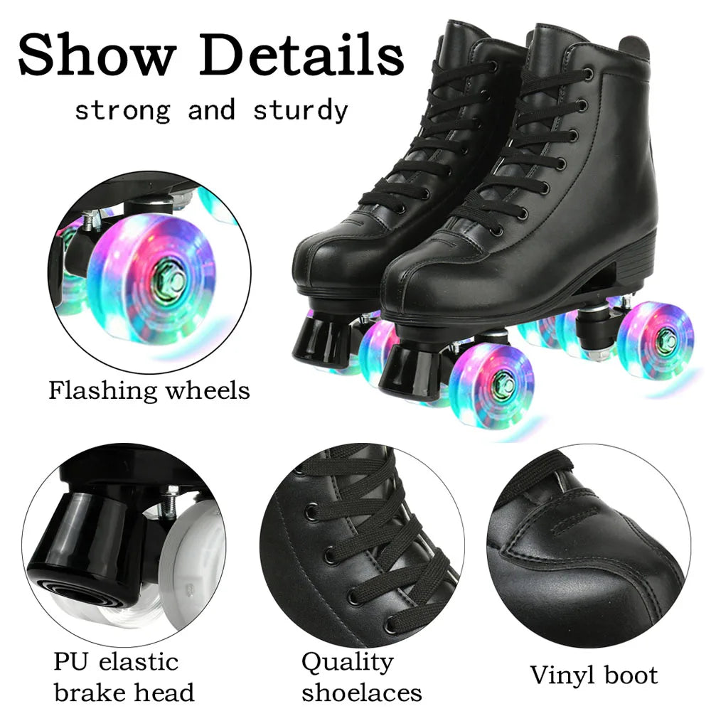 PU Leather Roller Skates Skating Shoes Sliding Inline Quad Skates Sneakers Training Europe Size 4 Wheels Flash Roller Skate
