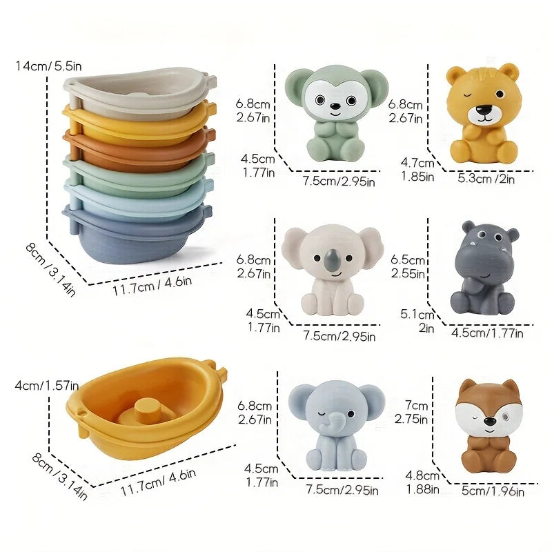 Baby Bath Toys Stacking Bath Boat Toy Silicone Adorable Animal Finger Puppets for Children Interactive Floating Squeeze Toy Gift