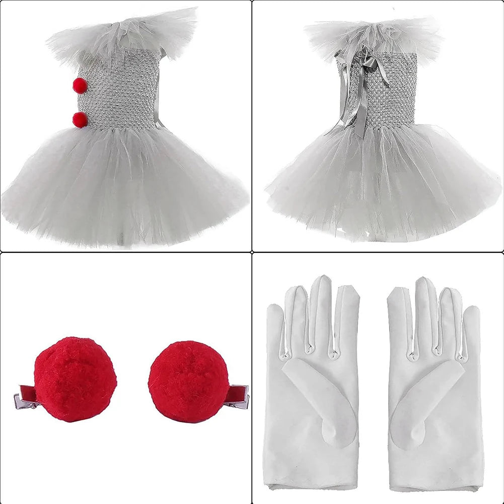 Girls Halloween Clown Tutu Dress Tulle Fancy Dress Creepy Clown Cosplay Clothes Halloween Dress Up Costume