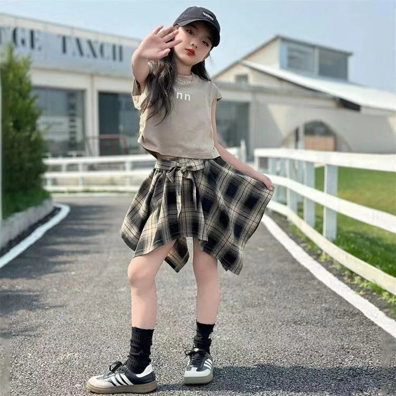 Summer Girls Clothing Set Solid Color Sleeveless T-shirt+Plaid Irregular Skirt 2Pcs Suit For 5-14 Years Teen Kids Fashion Outfit