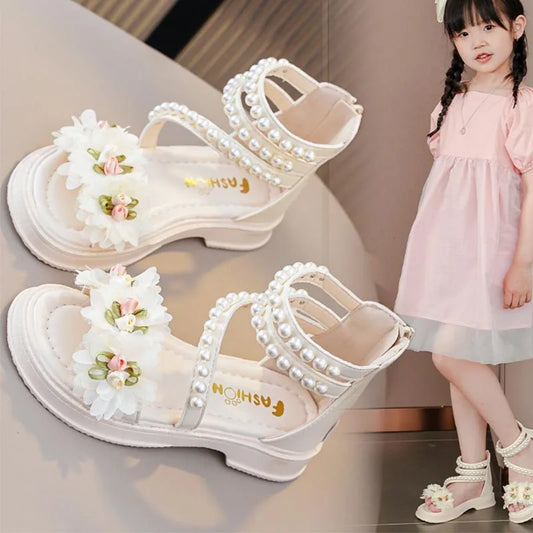 New Girls Summer Sandals Beige Flower Pearls Little Girl Princess Shoes Black Soft Bottom Non-slip Girls Kid Roman Sandals Shoes