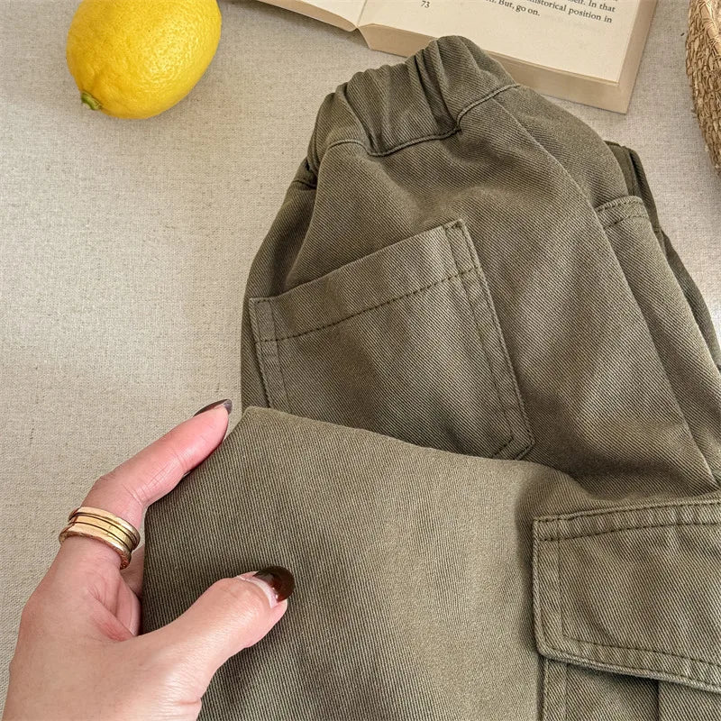 2025 Spring New Children Cargo Pants Cotton Boys Casual Pants Solid Versatile Baby Girls Loose Trousers Kids Wide Leg Pants