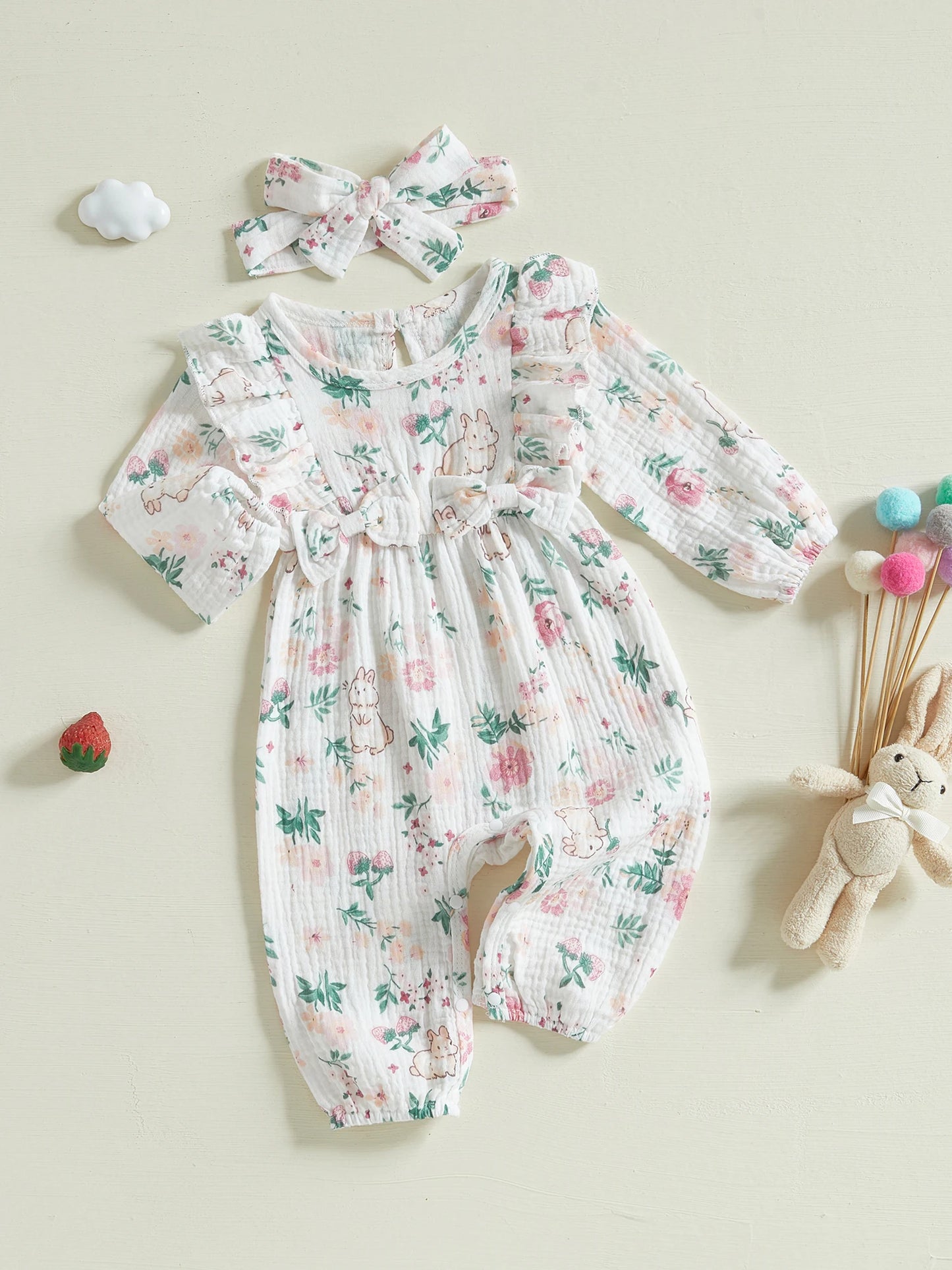 Adorable Baby Girls Easter Romper with Bunny Print Ruffled Long Sleeve Jumpsuit and Matching Headband Set for Toddler