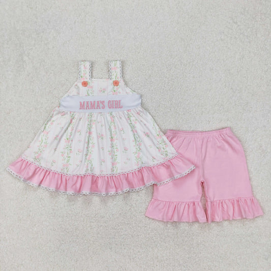 3.20 y NEW stock Baby Girls Summer Clothing Wholesale Boutique Embroidery MAMA'S GIRL Flower Pattern Pink Shorts set