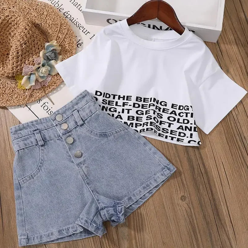 Kids Girls short Clothes Set Summer cotton Crop Tops T-shirt+Denim shorts 2pcs teens Girl Outfits Baby Girls Clothing 4 5 7 10 1