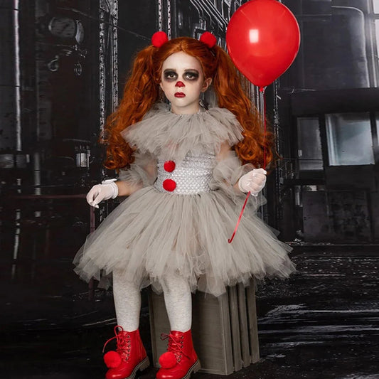 Girls Halloween Clown Tutu Dress Tulle Fancy Dress Creepy Clown Cosplay Clothes Halloween Dress Up Costume