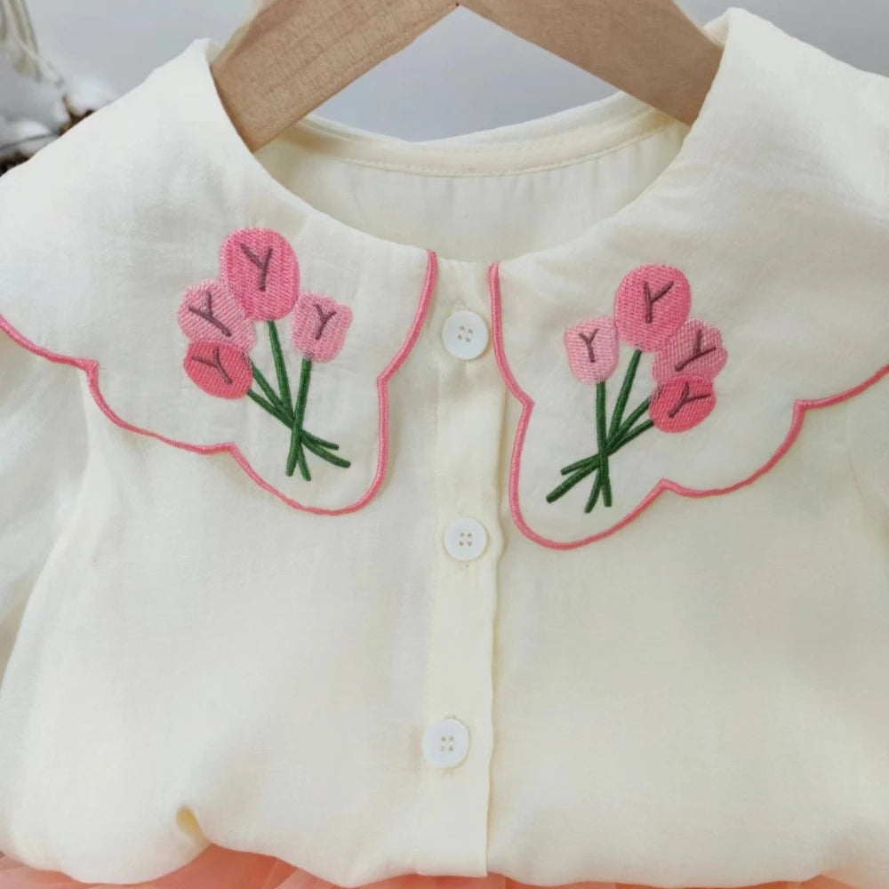 Bear Leader Summer Sweet and Cute Girl's Clothing Embroidered Flower Doll Collar Short Sleeve Top+Mesh Puff Skirt Two Piece Set