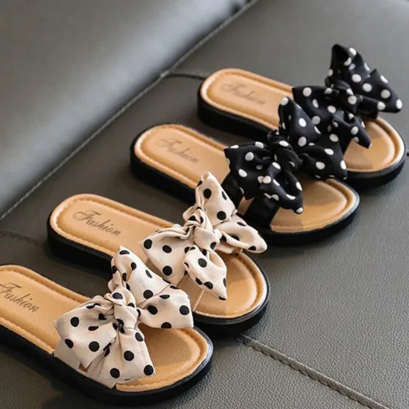 2024 New Bow Flats Open Toe Slide Sandals Non-slip Flip Flops Children Home Slippers Kids Girls Summer Cute Beach Slippers Shoe