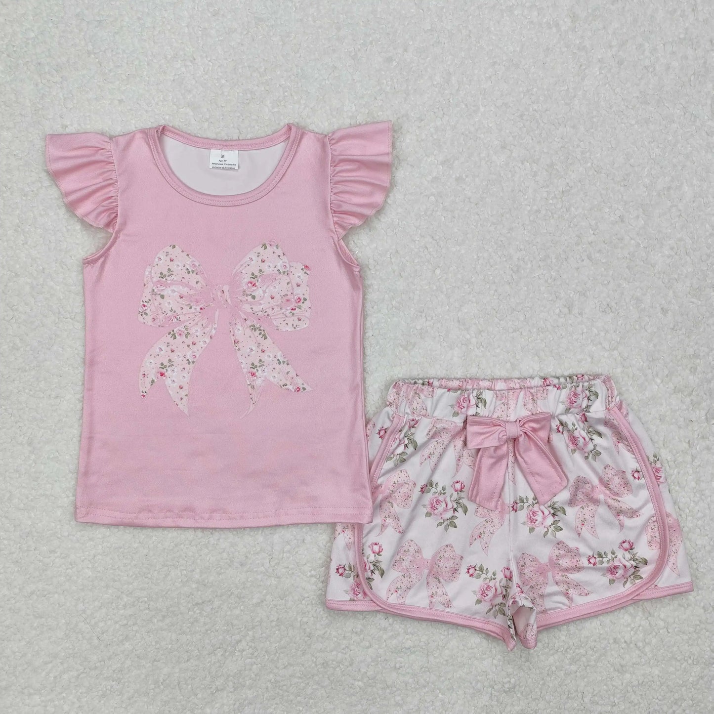 3.6 yan New rts baby girl summer suit wholesale boutique floral leaf bow pattern pink short sleeve shorts pajamas girls set