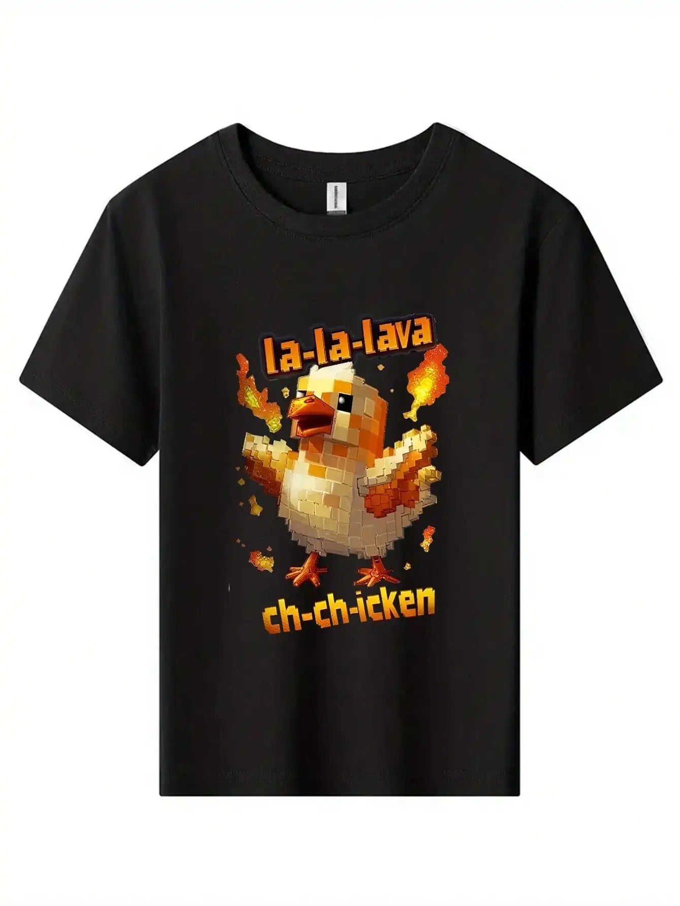 Tween Boys Pixelated Lava Chicken Cotton Graphic Tees, Black Casual Summer Tops With La-La-Lava Ch-Ch-Icken Text