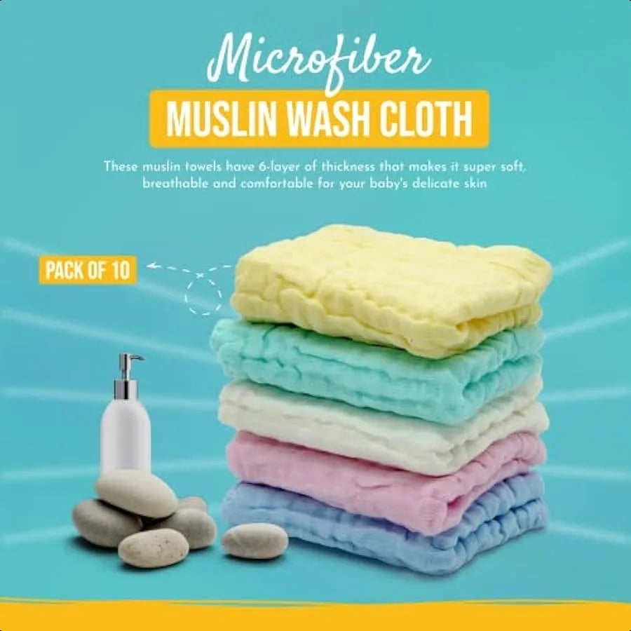 Pack of 10 Baby Muslin Washcloths Set 12 x12 6 Layers MultiColored Baby Washcloths Made of 100% Organic Cotton Highly Absorbent