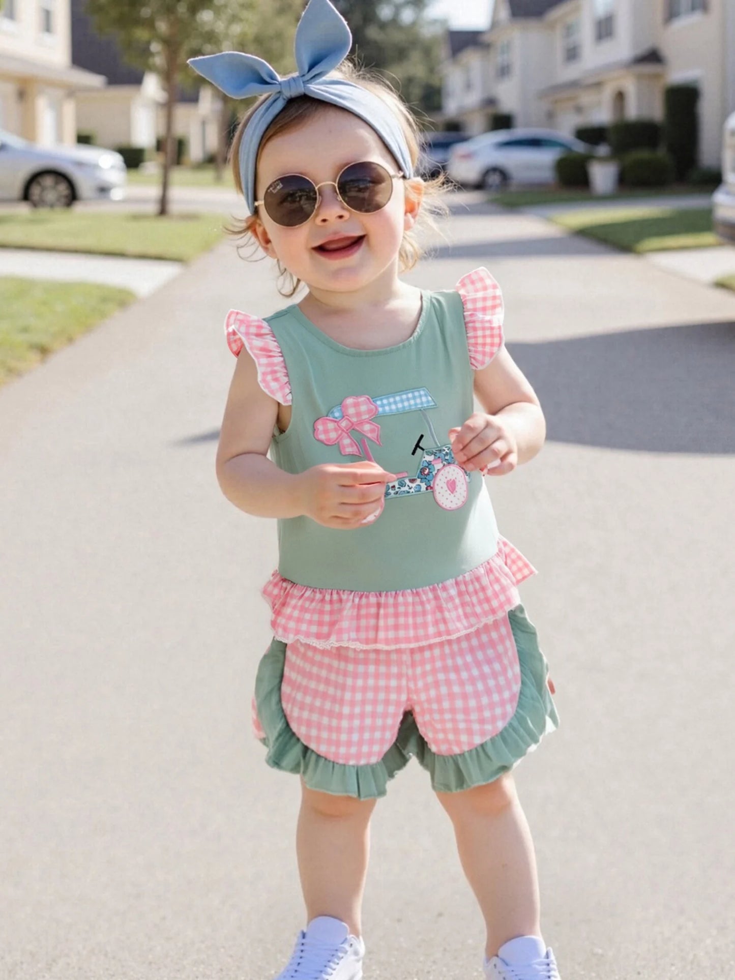 Adorable Infant Girl s Summer Ensemble Cute Golf Cart Embroidered Flutter Sleeve Top with Plaid Print Shorts 2-Piece Set
