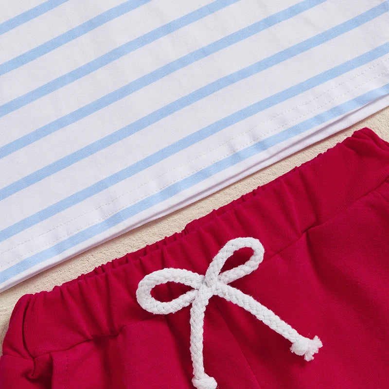 Boys Summer Outfit Set Short Sleeve Striped T-shirt with Embroidered Crayfish Design and Elastic Waist Shorts for Toddlers