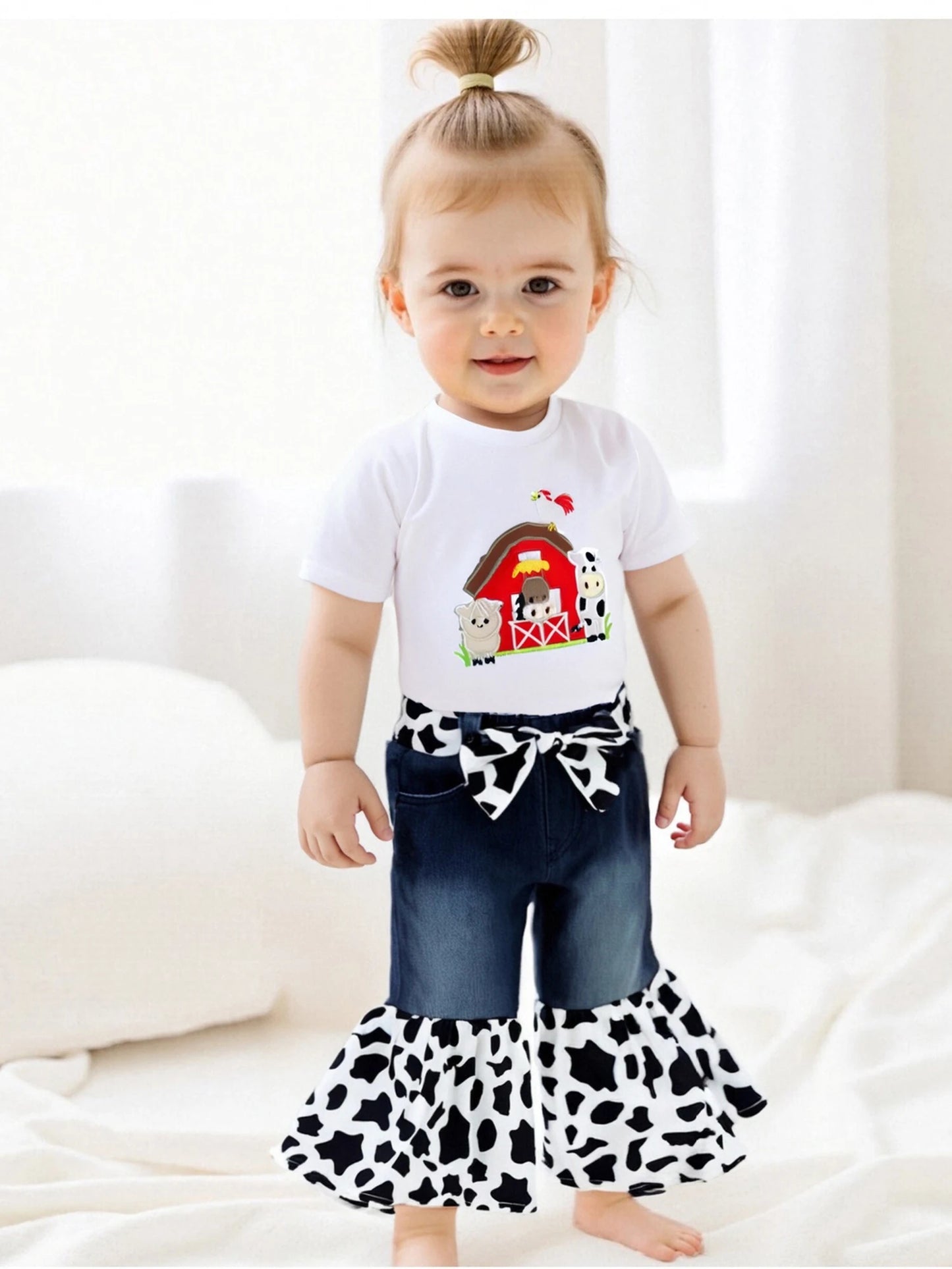 Adorable Baby Girl Farm Clothes Set with Cute Piglet Embroidery Top Denim Patchwork Pants and Matching Headband - 3 Piece