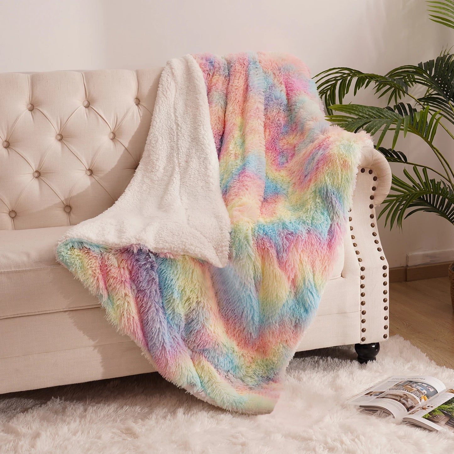 Soft Rainbow Fluffy plush blanket Bedspread bed plaid on the sofa cover cute room decor baby kids blankets for beds hairball