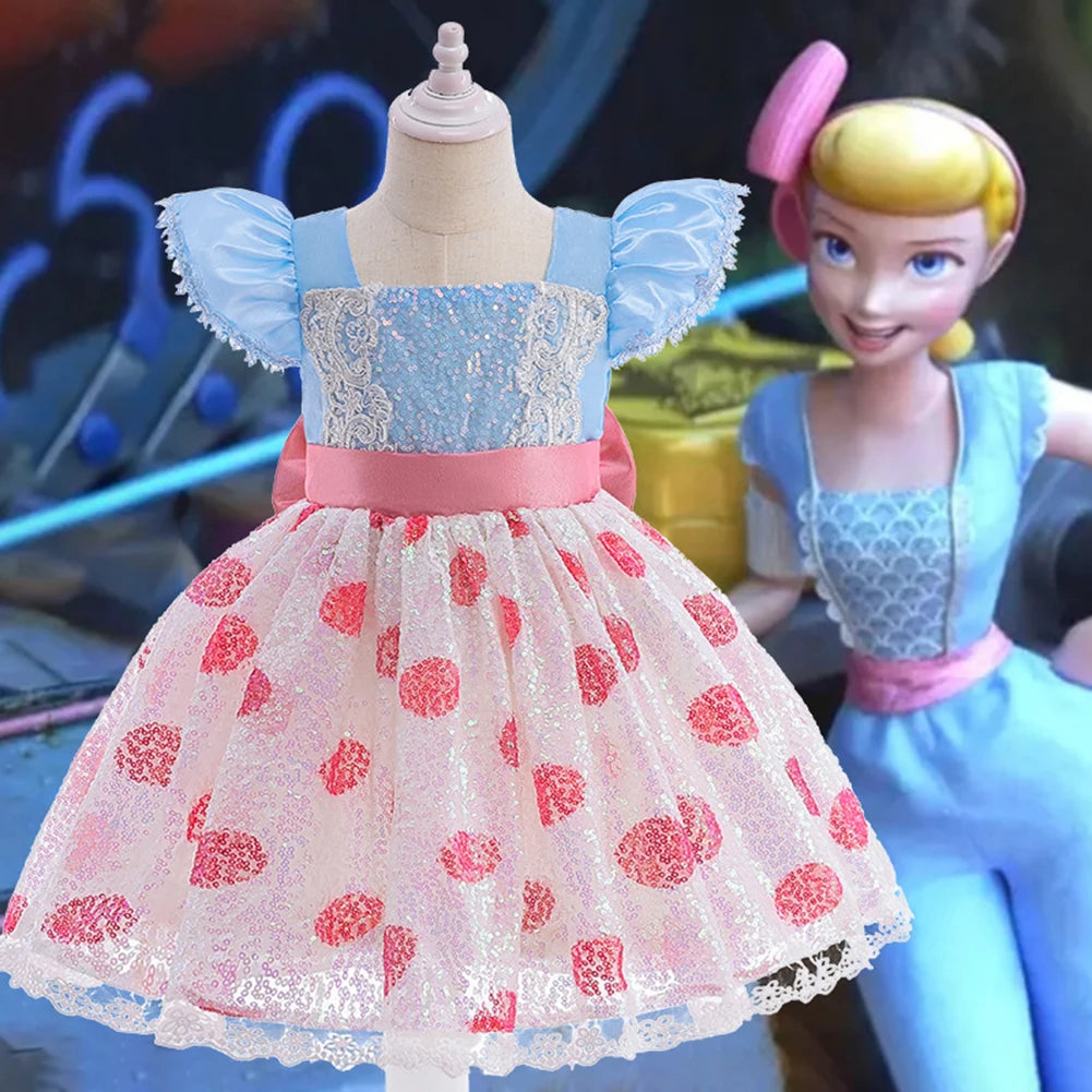 Kids Cosplay Costume with Headband Flying Sleeve Sequins Dress Little Shepherdess Princess Dress for Halloween Carnival Party