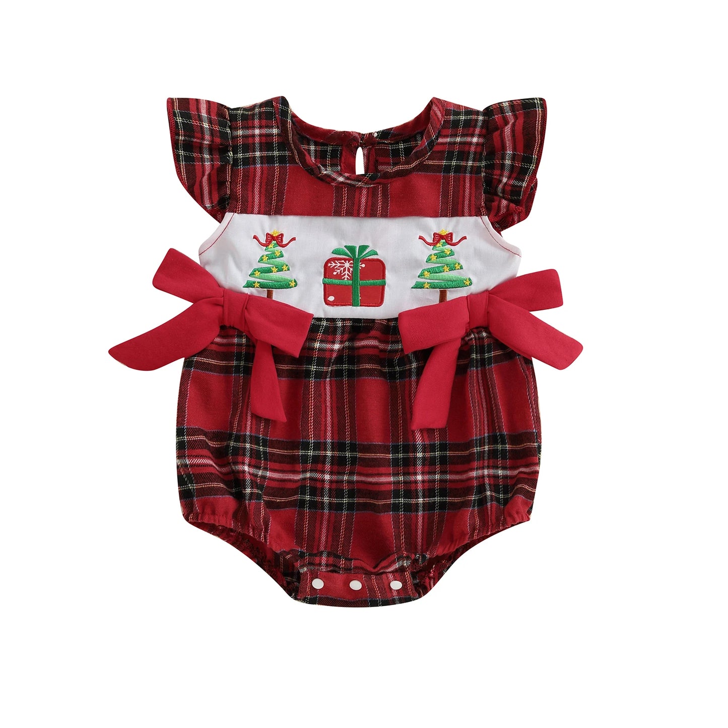 Baby Girl Summer Romper Casual Christmas Tree Embroidery Plaid Print Fly Sleeves Jumpsuit for Newborn Cute Clothes