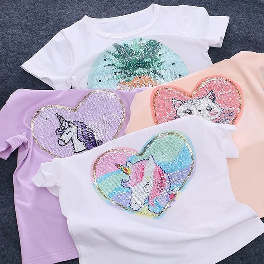2025 New Unicorn Kids T-shirt Short sleeves Children Cotton Summer Baby Girls Tee Party Princess Girl Clothes Costumes 3-8Y
