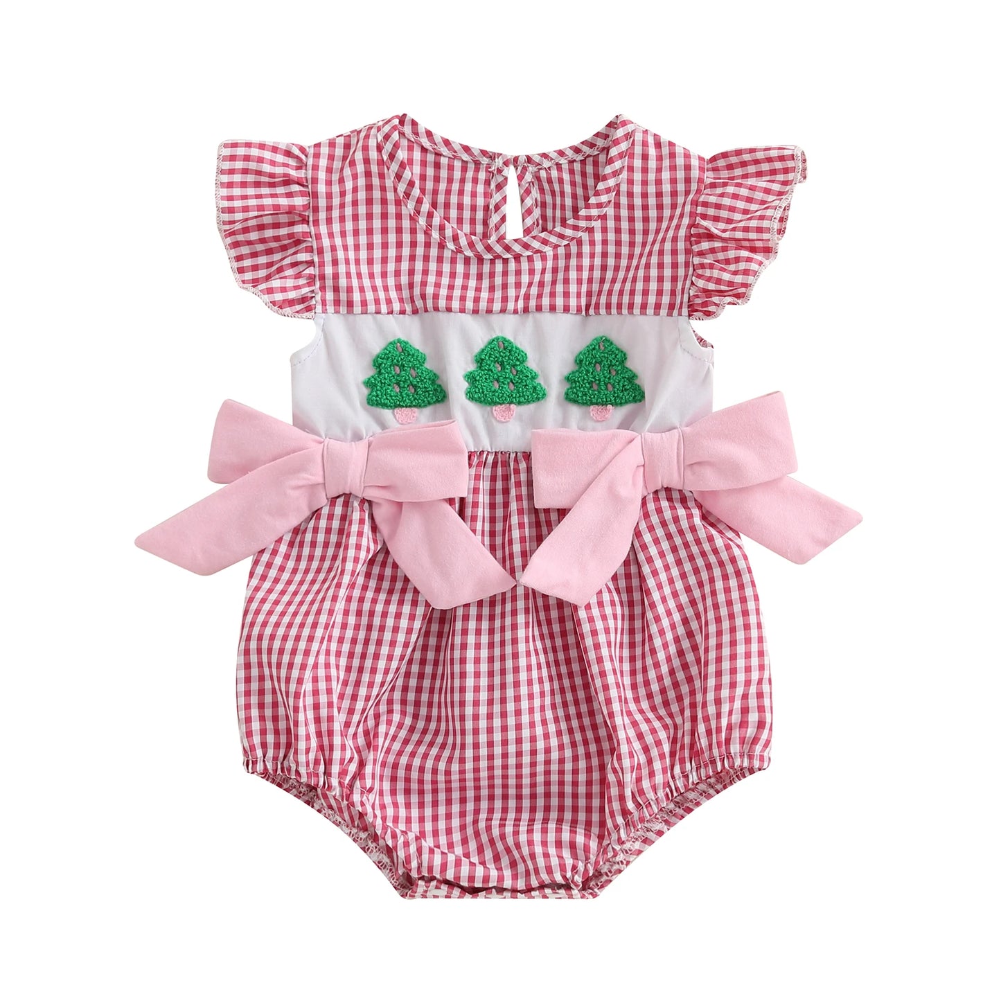 Baby Girl Summer Romper Casual Christmas Tree Embroidery Plaid Print Fly Sleeves Jumpsuit for Newborn Cute Clothes