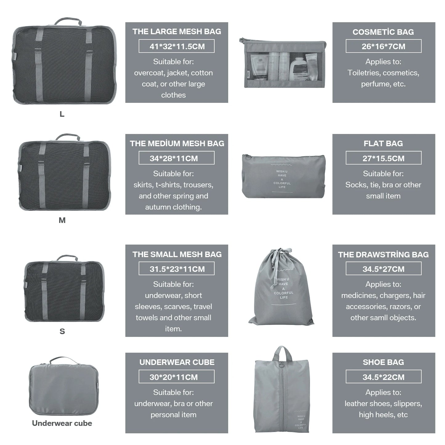 Waterproof Packing Cubes 8pc Set for Suitcases Travel Packing Organizer With Double Zipper Pulls Mesh Top 100% Durable Polyester