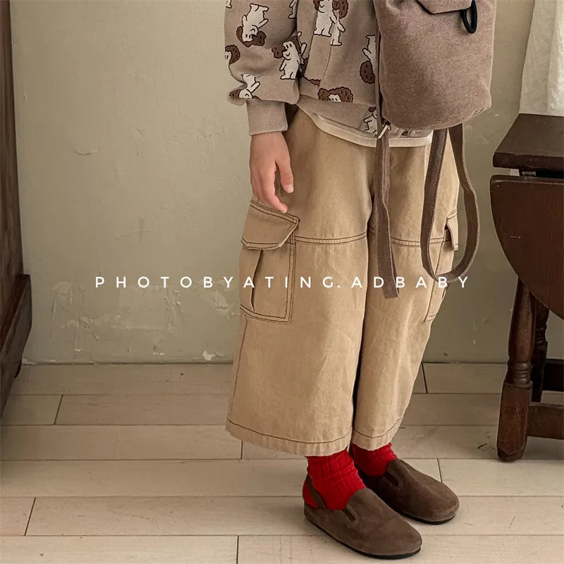2025 Spring New Children Cargo Pants Cotton Boys Casual Pants Solid Versatile Baby Girls Loose Trousers Kids Wide Leg Pants