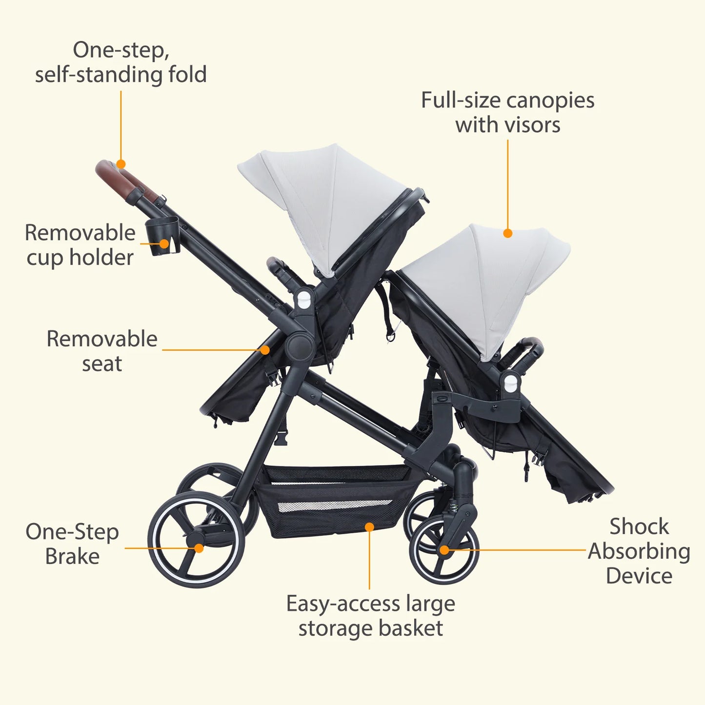 Double Stroller Track Tandem Stroller for Infant and Toddler, Foldable Pushchair Bassinet Pram, Multi-Position Reversible