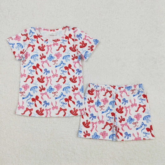 3.6 yan New rts baby girl summer suit wholesale boutique floral leaf bow pattern pink short sleeve shorts pajamas girls set