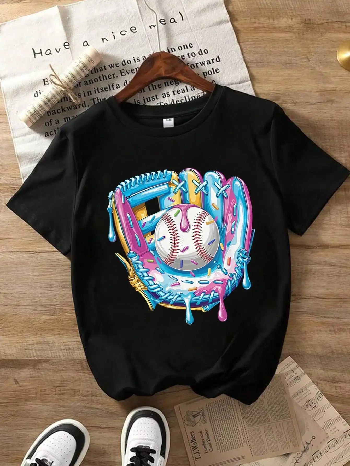 Tween Boys Baseball Cotton Graphic Tees, Black Vibrant Design Summer Tops With Colorful Baseball Artwork