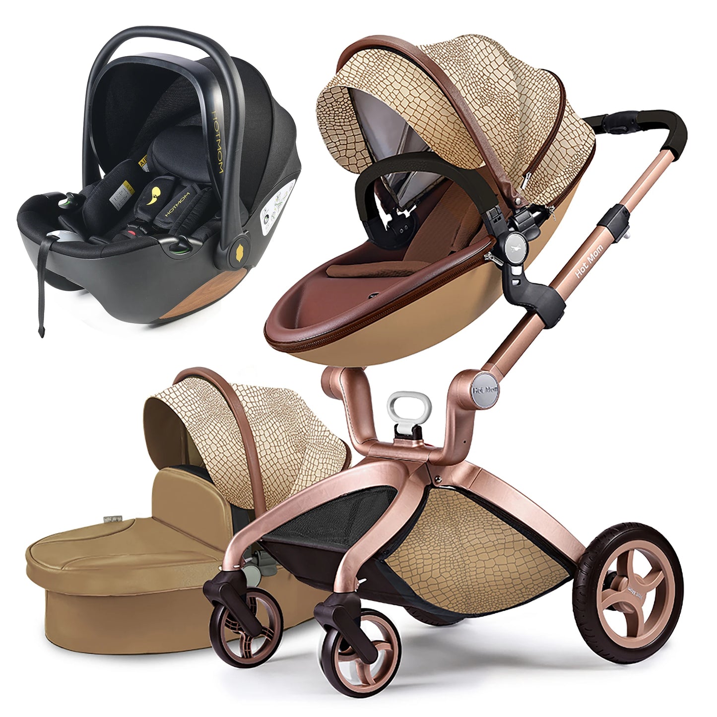 Hot Mom F22 baby stroller 3in1 ,adjustable seat,aluminum frame,solid rubber tires,rain cover,mosquito net,large storage basket