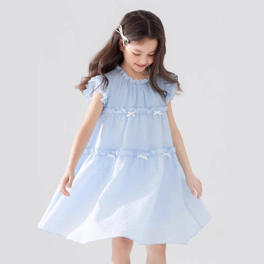 Girls Summer Dress Sweet Flying Sleeve Bow Lace Ruched Kids Girls Princess Dress Thin Cotton Cool Children Girls Dress