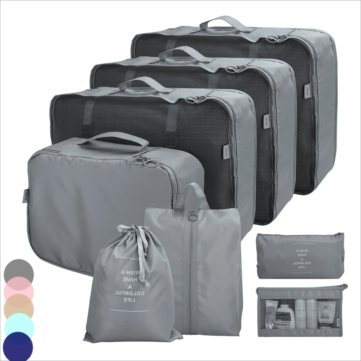 Waterproof Packing Cubes 8pc Set for Suitcases Travel Packing Organizer With Double Zipper Pulls Mesh Top 100% Durable Polyester