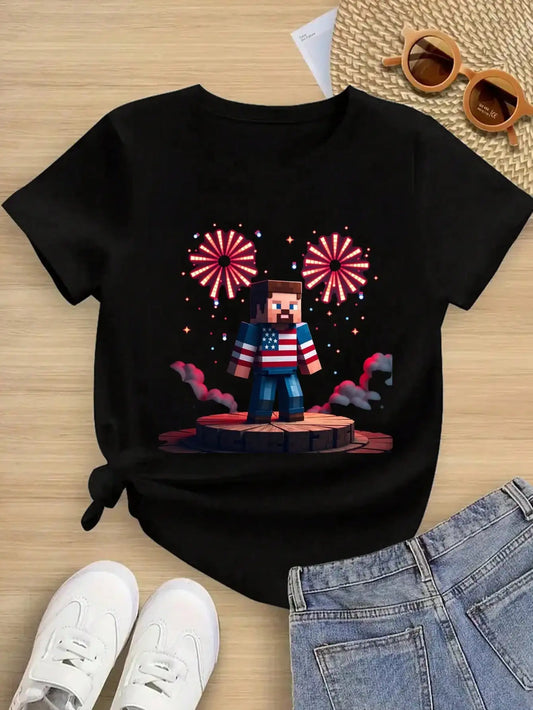 Tween Girls/Boys Clothes, -Themed Cotton T-Shirt, Black Casual Tee With Pixel Art And Fireworks