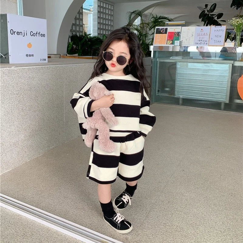 Baby Girl Boy Cotton Striped Clothes Set Hoodie and Shorts 2pcs Infant Toddler Child Tracksuit Spring Autumn Summer 1-7Y