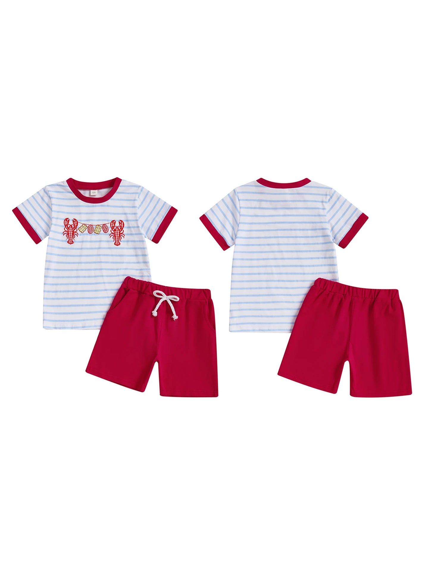 Boys Summer Outfit Set Short Sleeve Striped T-shirt with Embroidered Crayfish Design and Elastic Waist Shorts for Toddlers