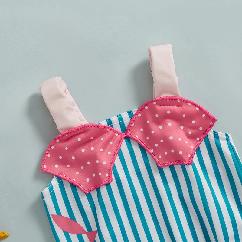 Striped Print Sleeveless Square Neck Baby Girl Swimsuit Toddler Bathing Suit Summer Swimwear Beachwear for Infants