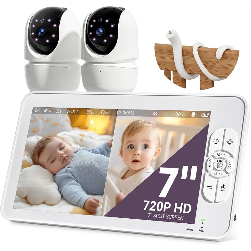 Split-Screen Baby Monitor with 2 1080P Cameras, 7" HD 720P Baby Monitor No WiFi with a Flexible Bracket, Video Baby Monitor with